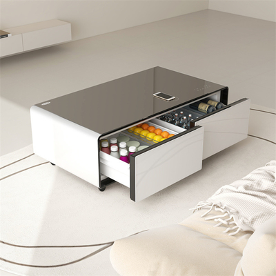 Moderne glazen koffietafel met draadloos opladen en koelen