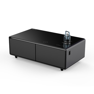Zwarte moderne multifunctionele LED-koffietafel met 135L koelkast en telefoonoplader