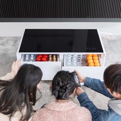 Zwart gehard glas slimme koffietafel voor multifunctionele woonkamer luidspreker tafel