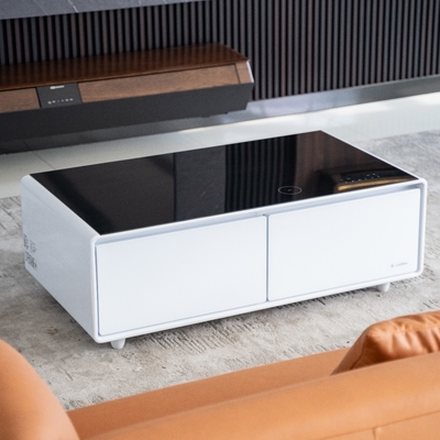 Zwart gehard glas slimme koffietafel voor multifunctionele woonkamer luidspreker tafel