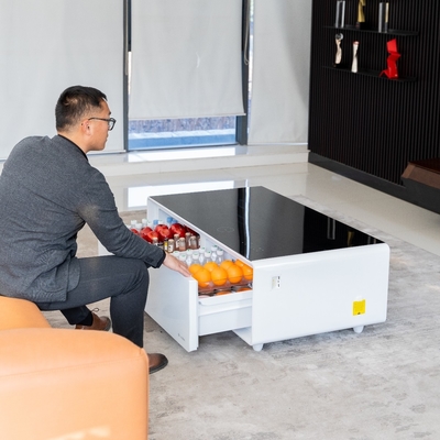 Zwart gehard glas slimme koffietafel voor multifunctionele woonkamer luidspreker tafel