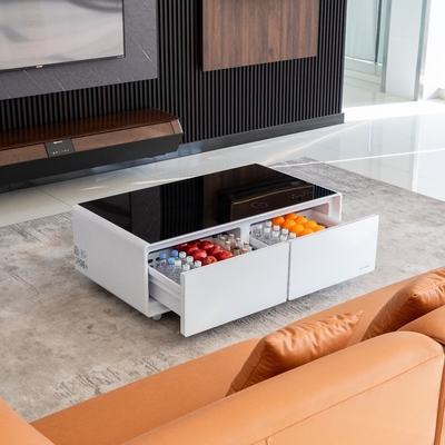 Zwart gehard glas slimme koffietafel voor multifunctionele woonkamer luidspreker tafel