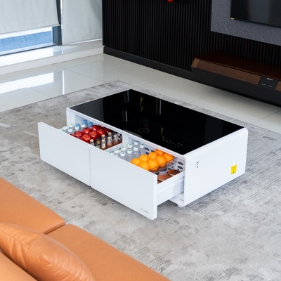 Gehard glas slimme koffietafel met ijzeren frame draadloos opladen en koelkastladen