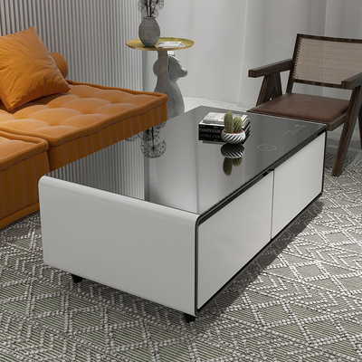 Eerste multifunctionele koffietafel met ingebouwde koelkast draadloos opladen en stopcontact