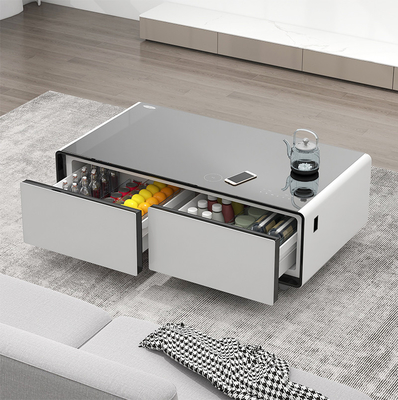 Moderne glazen koffietafel met draadloos opladen en koelen