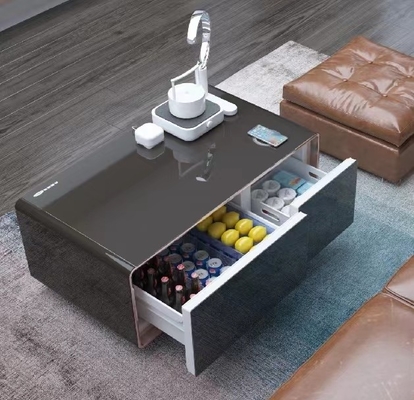 Gepersonaliseerde moderne metalen tv-console met glaskasten, kantoortafel met draadloos oplader