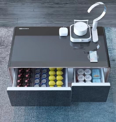 Gepersonaliseerde moderne metalen tv-console met glaskasten, kantoortafel met draadloos oplader