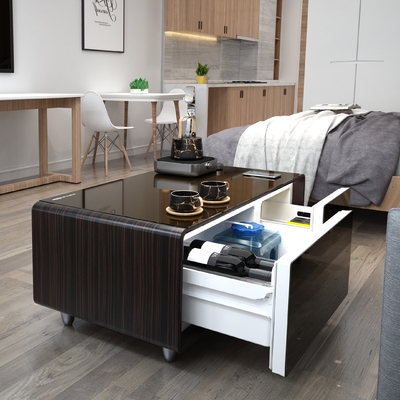 Gepersonaliseerde moderne metalen tv-console met glaskasten, kantoortafel met draadloos oplader