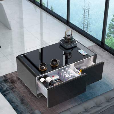 Gepersonaliseerde moderne metalen tv-console met glaskasten, kantoortafel met draadloos oplader