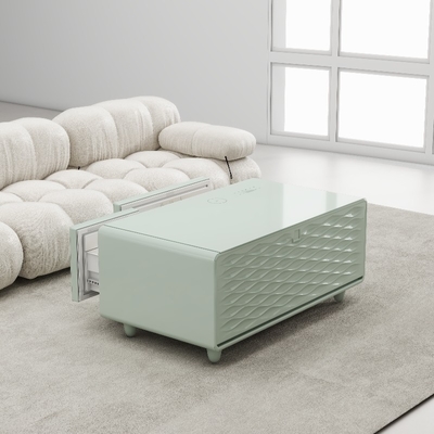 Chique gehard glas koffie tafel met ingebouwde koelkast en draadloos opladen